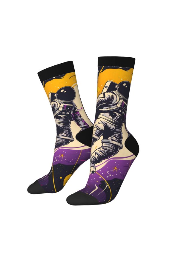 Astronaut Floating purple Space Print Contrast Color Mid-calf Socks, Sweat-wicking Athletic Socks, Unisex Clothing Accessories