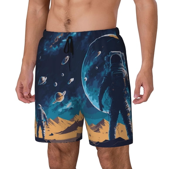 Gukieu Astronaut In A Space Suit On The Planet Print Men's Double Layer Sports Swim Trunks, Quick Dry Adjustable Waist Swim Shorts Swimwear-Medium
