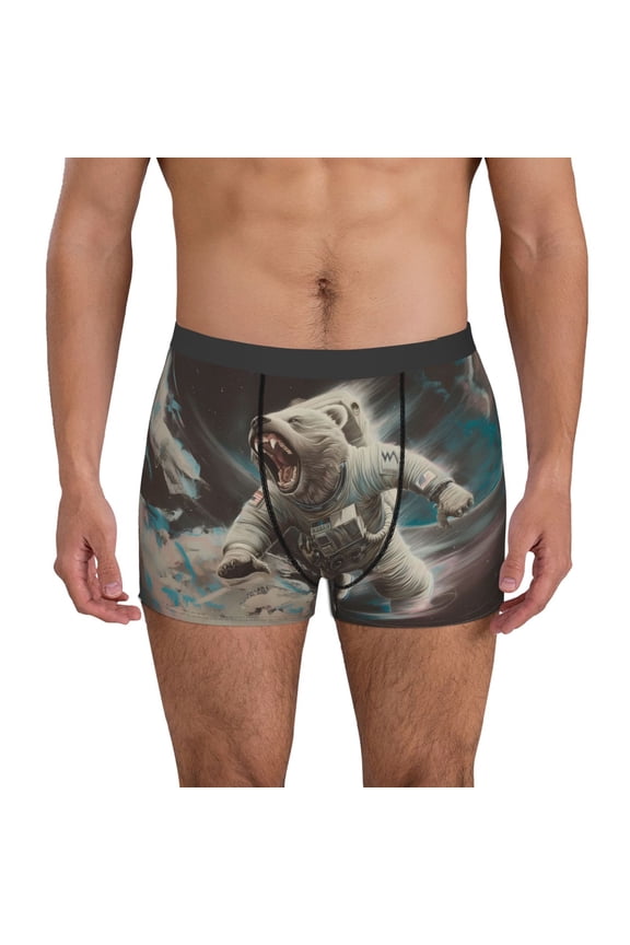 Astronaut Polar Bear Roar Print Men's Boxer Briefs, High Elastic Moisture Wicking Boxer Briefs Underwear-X-Large