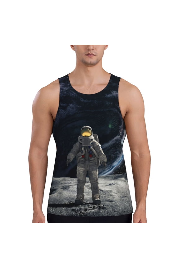 Astronaut Standing In The Moon Print Men's Quick Dry Fitness Vest, Round Neck Sleeveless Fitness Bodybuilding Top-Medium