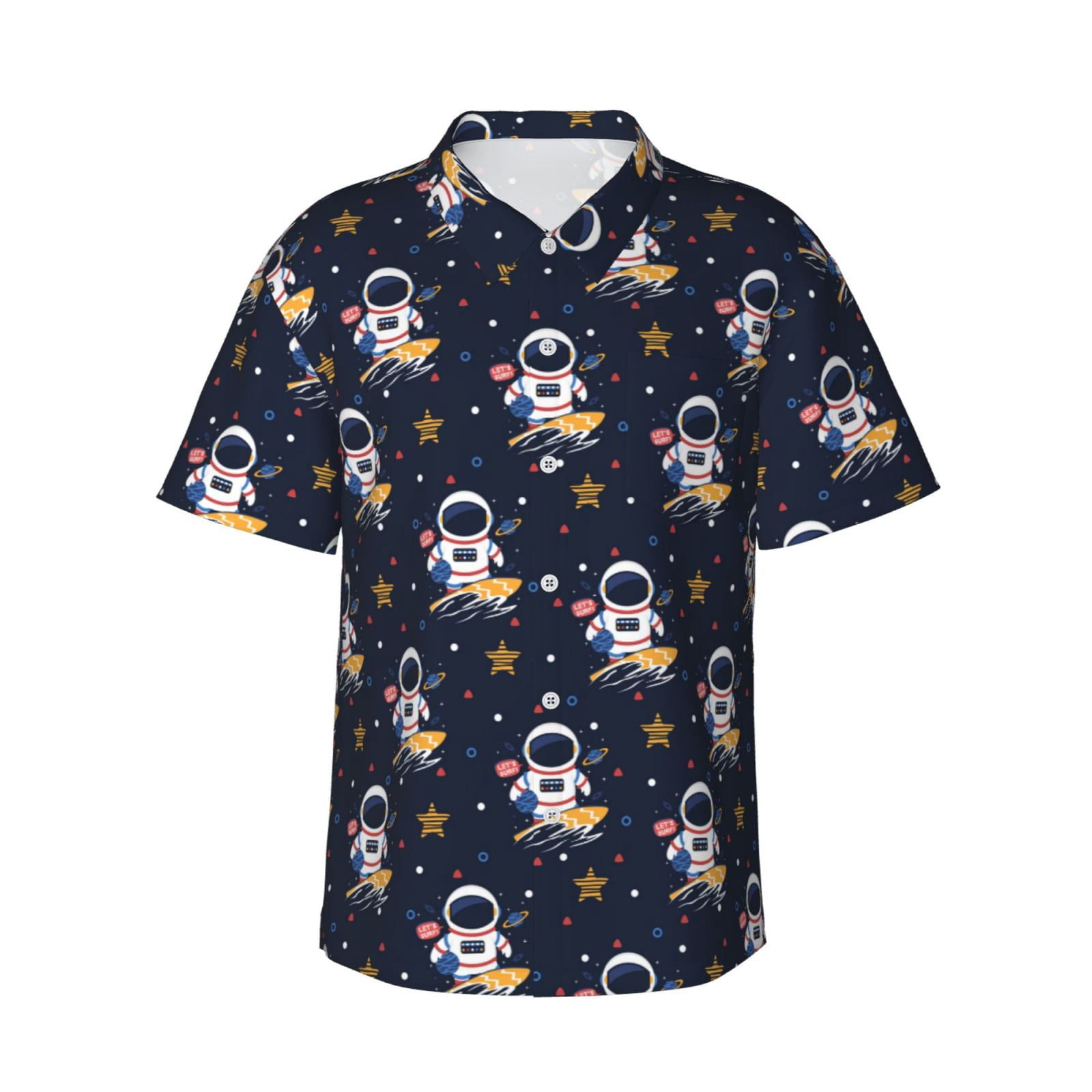 Gukieu Astronaut Surfing Print Men's Short-sleeved Shirts, Button-down Lapel Hawaiian Shirts, T-shirts, Beach Vacation Summer Casual Wear,3X-Large