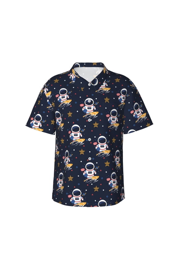 Astronaut Surfing Print Men's Short-sleeved Shirts, Button-down Lapel Hawaiian Shirts, T-shirts, Beach Vacation Summer Casual Wear,3X-Large