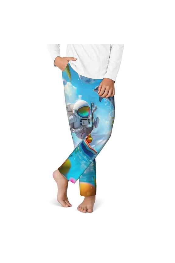 Astronaut Tropical Dolphin Print Youth Home Trousers, Elastic Waistband with Pockets for Home and Outing, Suitable for Children Aged 5-16-Large