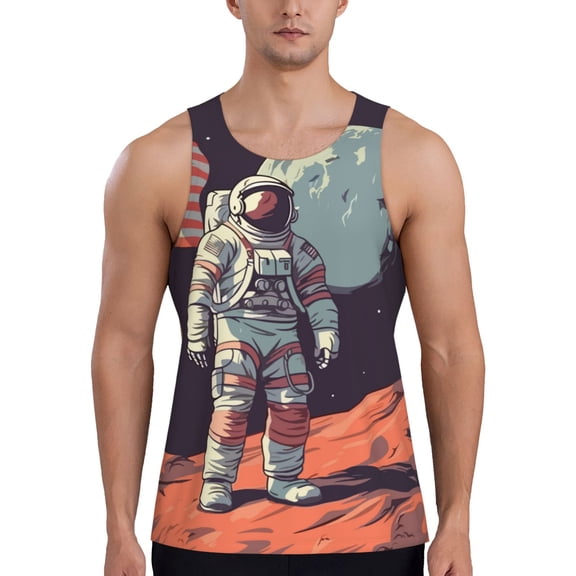 Gukieu Astronaut With American Flag Print Men's Quick Dry Fitness Vest, Round Neck Sleeveless Fitness Bodybuilding Top-4X-Large