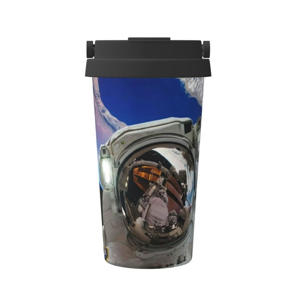 Gukieu Astronaut in Outer Space Print Insulated Coffee Cup, Portable Stainless Steel Vacuum Cup with Lid, Unisex, Suitable for Office, Cafe, Car