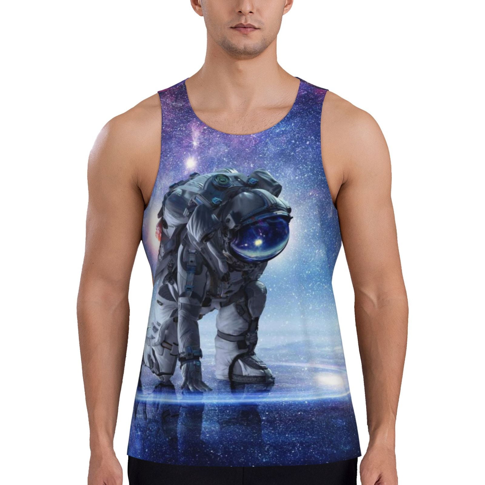 Gukieu Astronauts Start Running Print Men's Quick Dry Fitness Vest, Round Neck Sleeveless Fitness Bodybuilding Top-4X-Large