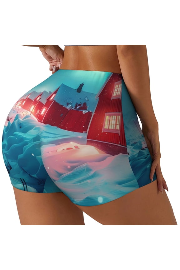 Aurora Borealis Village Print Women's Sports Shorts, Elastic Waist High Stretch Running Yoga Gym Sweatpants-Large