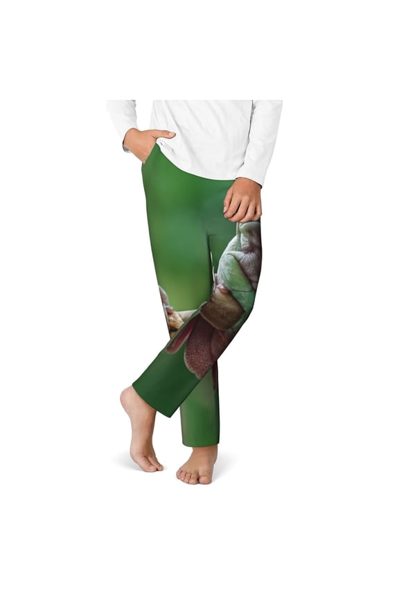 Australian White Tree Frog Sitting on Branch Print Youth Home Trousers, Elastic Waistband with Pockets for Home and Outing, Suitable for Children Aged 5-16-Large