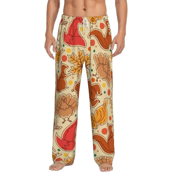 Gukieu Autumn Animal Maple Leaves Print Men's Home Trousers, Elastic Drawstring Home Pajamas Clothing Suitable for Adult Men-Small