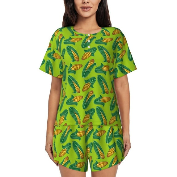 Gukieu Autumn Corn Print Women's Short-sleeved Pajama Set, Round Neck Button Top Elastic Shorts 2-piece Set, Summer Home Leisure Clothing-Small