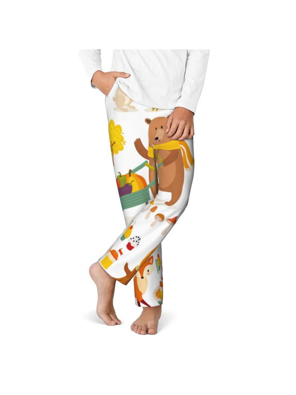 Autumn Forest Animals Print Youth Home Trousers, Elastic Waistband with Pockets for Home and Outing, Suitable for Children Aged 5-16-Medium