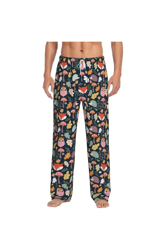 Autumn Fox Owl Print Men's Home Trousers, Elastic Drawstring Home Pajamas Clothing Suitable for Adult Men-Medium