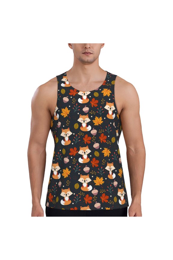 Autumn Fox Print Men's Quick Dry Fitness Vest, Round Neck Sleeveless Fitness Bodybuilding Top-4X-Large