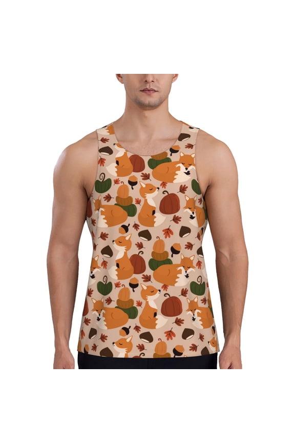 Autumn Fox Pumpkin Lazy Print Men's Quick Dry Fitness Vest, Round Neck Sleeveless Fitness Bodybuilding Top-Large