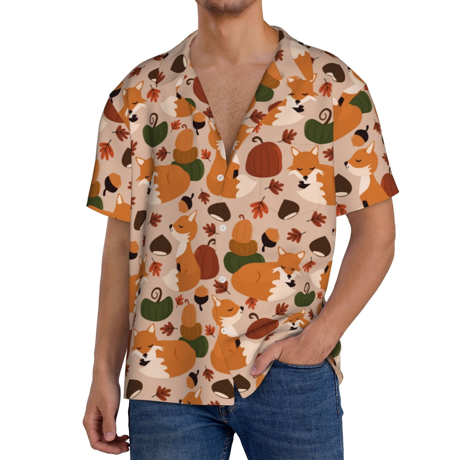 Gukieu Autumn Fox Pumpkin Lazy Print Men's Short-sleeved Shirts, Button ...