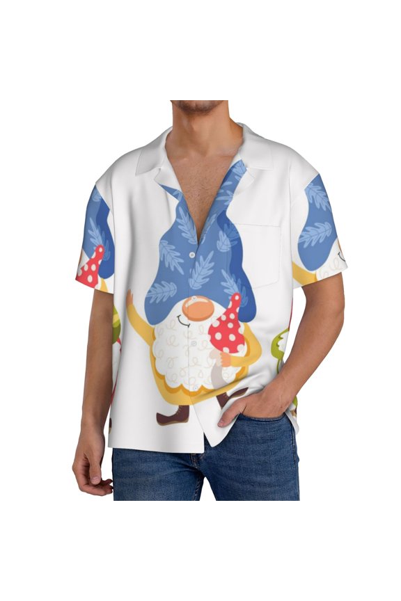 Autumn Funny Gnomes Print Men's Short-sleeved Shirts, Button-down Pocket Shirts, T-shirts, Beach Vacation Travel Summer Clothing-Small