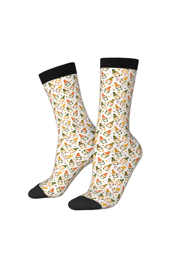 Autumn Gnomes Holding Mushroom Print Contrast Color Mid-calf Socks, Sweat-wicking Athletic Socks, Unisex Clothing Accessories