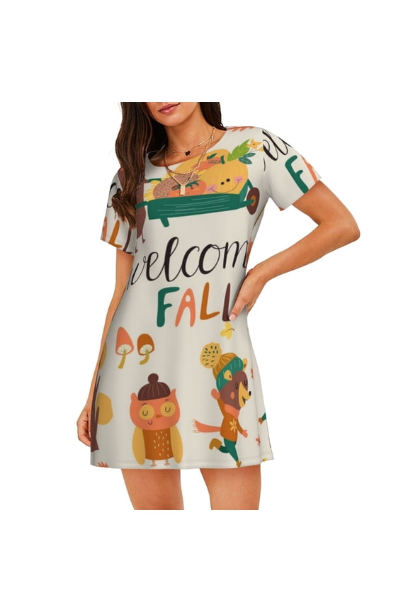 Autumn In The Forest Print Women's Nightgown, A-line Round Neck Short-sleeved Nightgown Pajamas Home Wear Suitable for Home and Outing