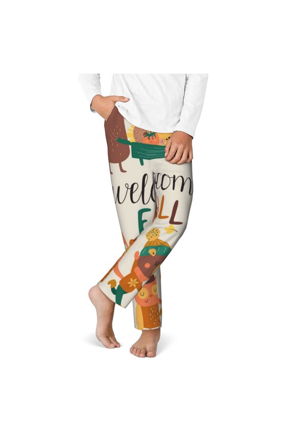 Autumn In The Forest Print Youth Home Trousers, Elastic Waistband with Pockets for Home and Outing, Suitable for Children Aged 5-16-Medium