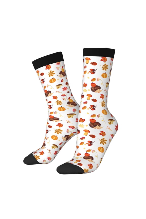 Autumn Maple Leaf with Hedgehog Print Contrast Color Mid-calf Socks, Sweat-wicking Athletic Socks, Unisex Clothing Accessories
