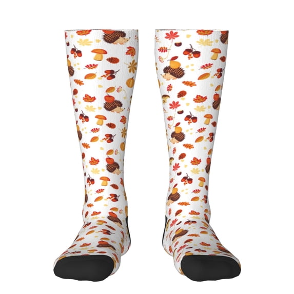 Gukieu Autumn Maple Leaf with Hedgehog Print Contrast Color Stockings, Elastic Sports Socks Warm Socks Clothing Accessories, Adult Unisex