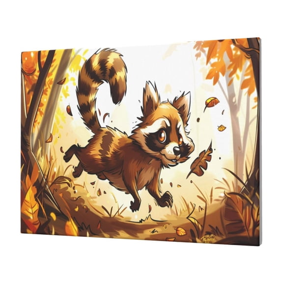Gukieu Autumn Raccoon In Forest Print Horizontal Canvas Decorative Painting 12x16 Inch Shrinkage Resistant Frame Hanging Home Wall Art Decor