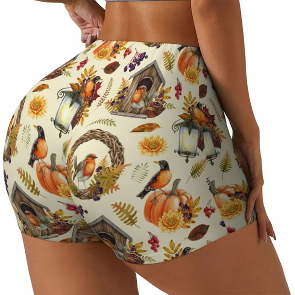 Gukieu Autumn Vintage Print Women's Sports Shorts, Elastic Waist High Stretch Running Yoga Gym Sweatpants-Small