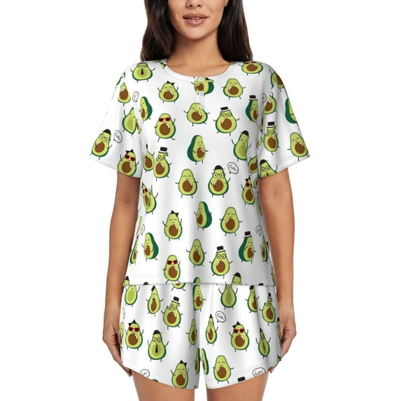 Gukieu Avocado Friends Print Women's Short-sleeved Pajama Set, Round Neck Button Top Elastic Shorts 2-piece Set, Summer Home Leisure Clothing-4X-Large