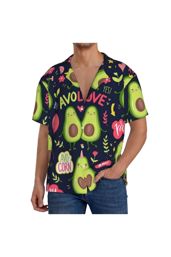 Avocado Love Print Men's Short-sleeved Shirts, Button-down Pocket Shirts, T-shirts, Beach Vacation Travel Summer Clothing-Large
