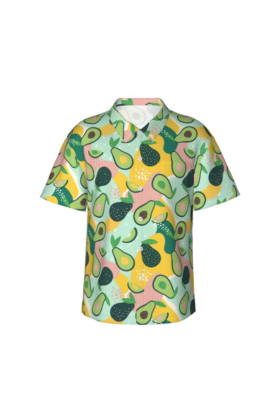 Avocado Print Men's Short-sleeved Shirts, Button-down Lapel Hawaiian Shirts, T-shirts, Beach Vacation Summer Casual Wear,Large