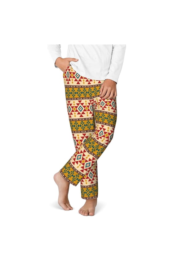 Aztec Print Youth Home Trousers, Elastic Waistband with Pockets for Home and Outing, Suitable for Children Aged 5-16-Large