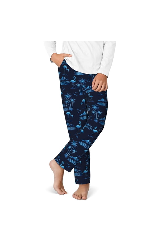 BLUE Flamingo Birds Print Youth Home Trousers, Elastic Waistband with Pockets for Home and Outing, Suitable for Children Aged 5-16-Medium