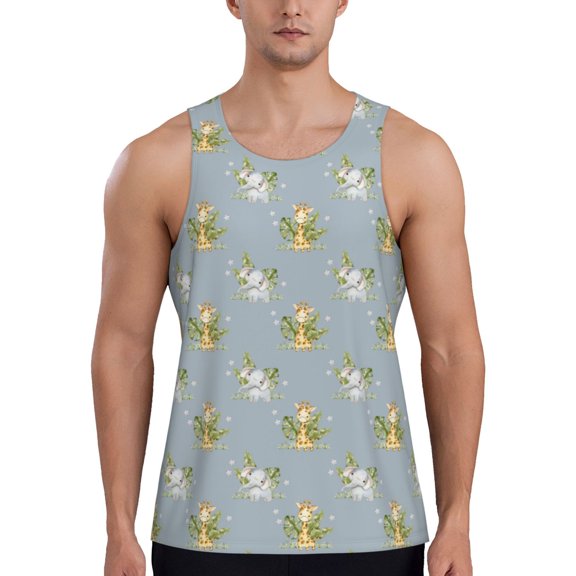 Gukieu Baby Elephant Giraffe Print Men's Quick Dry Fitness Vest, Round Neck Sleeveless Fitness Bodybuilding Top-4X-Large