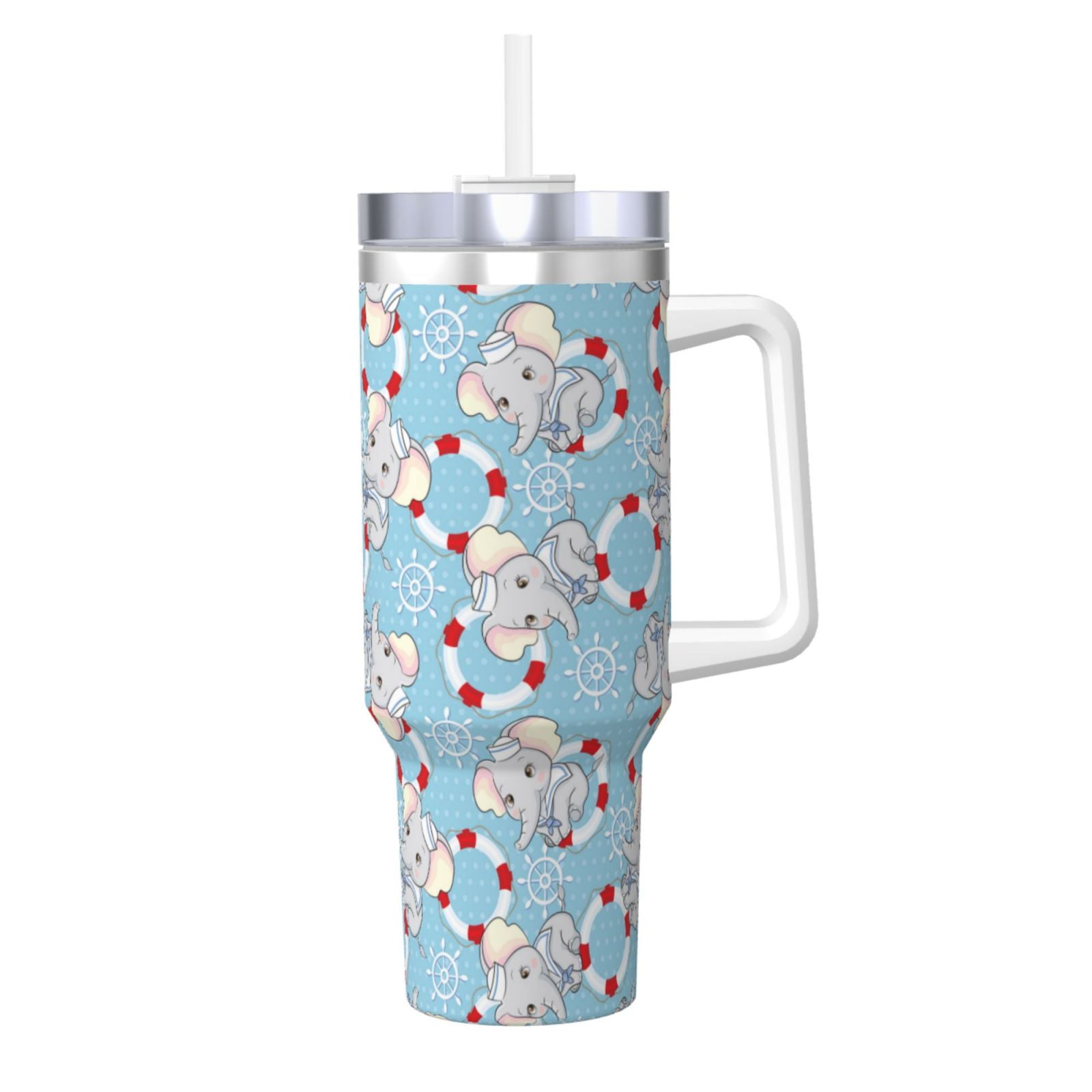 Gukieu Baby Elephant Print 40OZ Ice Cup, Stainless Steel Vacuum Kettle with Handle Suitable for Hot and Cold Drinks, Travel, Fitness