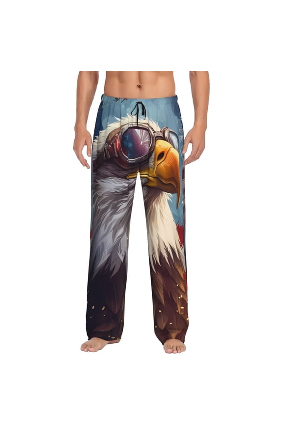 Bald Eagle Pilot Print Men's Home Trousers, Elastic Drawstring Home Pajamas Clothing Suitable for Adult Men-Large