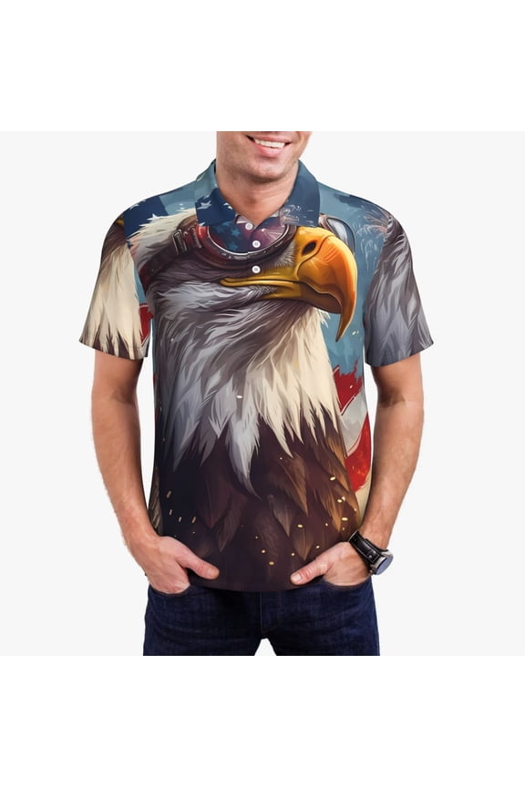 Bald Eagle Pilot Print Men's Quick-drying POLO Shirt, Button-down Summer T-shirt, Suitable for Work and Outdoor Activities-Small