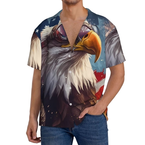 Gukieu Bald Eagle Pilot Print Men's Short-sleeved Shirts, Button-down Pocket Shirts, T-shirts, Beach Vacation Travel Summer Clothing-Small