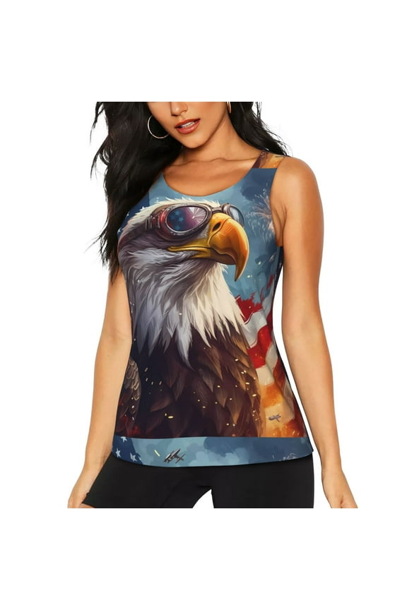 Bald Eagle Pilot Print Women's Quick-drying Fitness Vest, Round Neck Sleeveless Fitness T-shirt, Suitable for Yoga, Sports-Medium