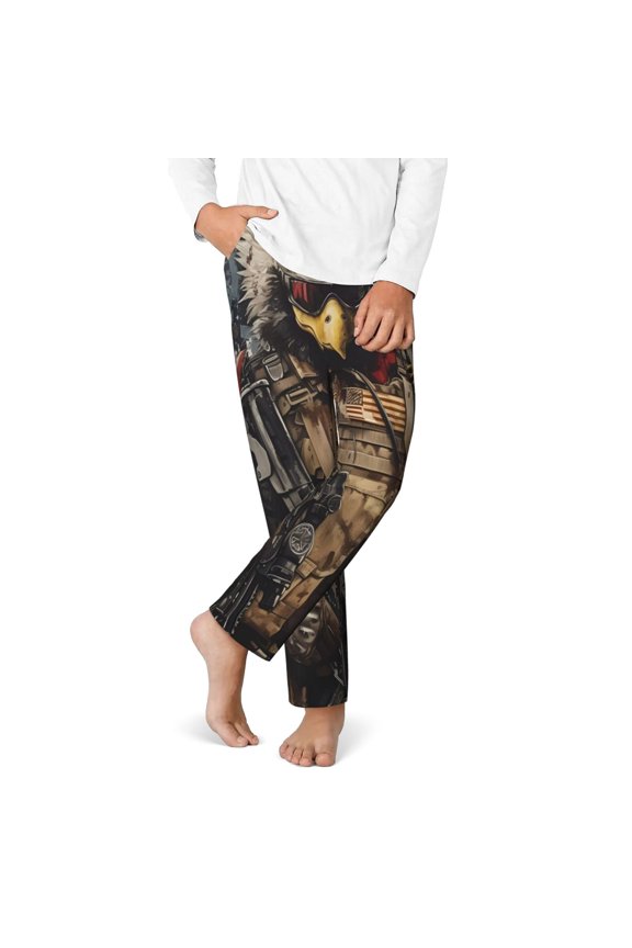 Bald Eagle Soldier Print Youth Home Trousers, Elastic Waistband with Pockets for Home and Outing, Suitable for Children Aged 5-16-XS(5-6)
