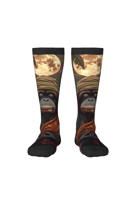 Banana Leaf Meditating Gorilla Print Contrast Color Stockings, Elastic Sports Socks Warm Socks Clothing Accessories, Adult Unisex