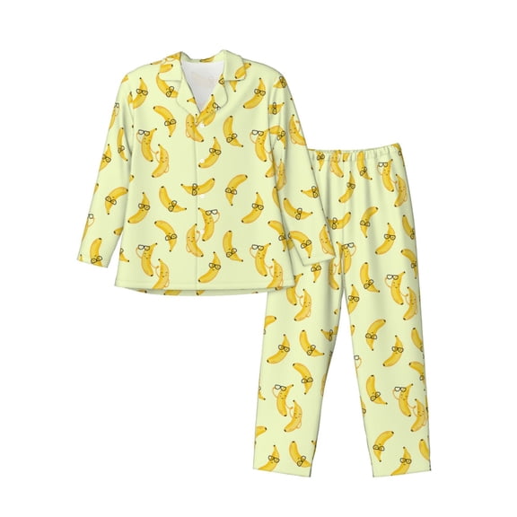 Gukieu Bananas Print Men's Long-sleeved Pajamas Set, Elastic Waist Pajamas Button-down Pajamas Two-piece Set, Suitable for Adult Male Home Wear-X-Large