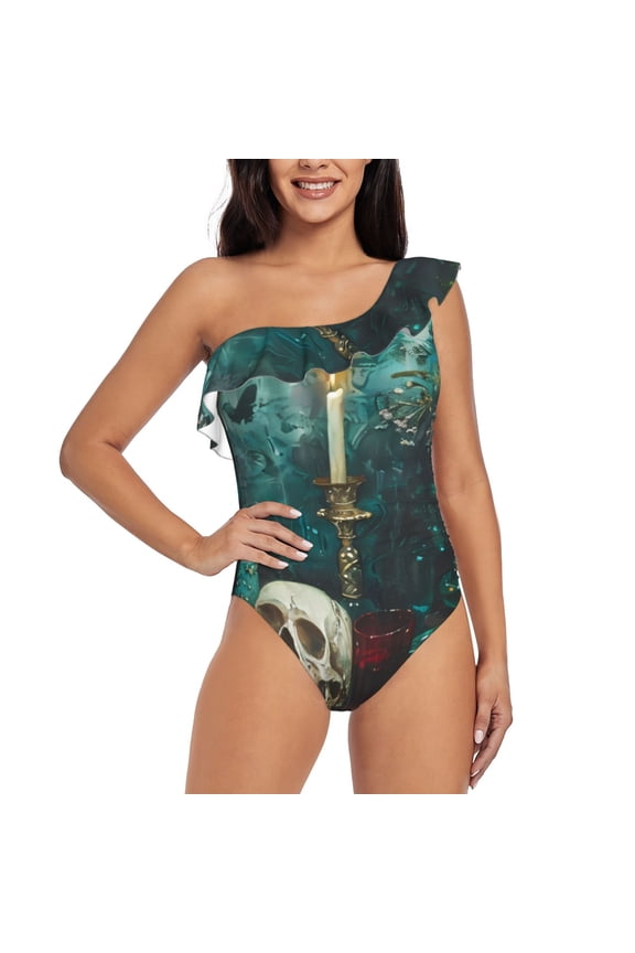 Baroque Floral Still Life Print One-shoulder Ruffled One-piece Swimsuit with Removable Chest Pads and Tummy-control Swimsuit for Women-Large