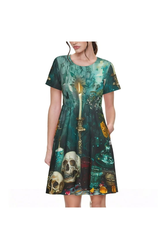 Baroque Floral Still Life Print Women's Short Sleeve Dress, Elastic Waistband A-line with Pockets Summer Dress, Suitable for Daily Leisure, Work, Vacation