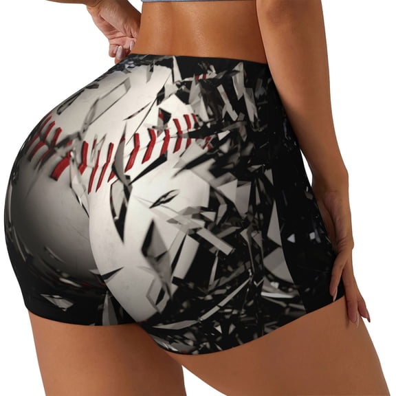 Gukieu Baseball Breaking Glass Print Women's Sports Shorts, Elastic Waist High Stretch Running Yoga Gym Sweatpants-X-Large