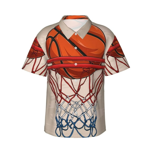 Gukieu Basketball Shot Print Men's Short-sleeved Shirts, Button-down Lapel Hawaiian Shirts, T-shirts, Beach Vacation Summer Casual Wear,Small
