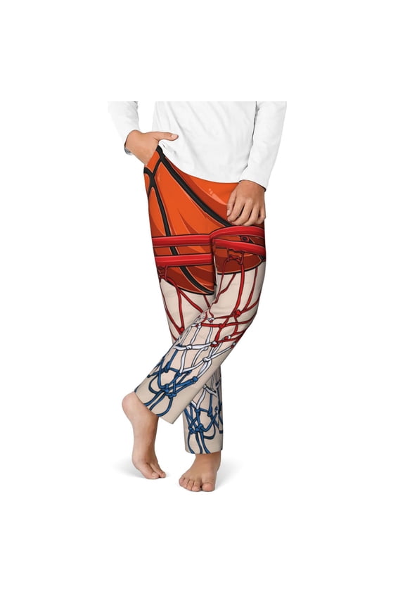 Basketball Shot Print Youth Home Trousers, Elastic Waistband with Pockets for Home and Outing, Suitable for Children Aged 5-16-Large