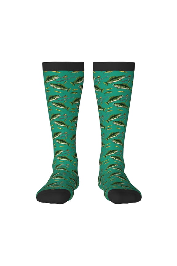 Bass Fish Print Contrast Color Stockings, Elastic Sports Socks Warm Socks Clothing Accessories, Adult Unisex