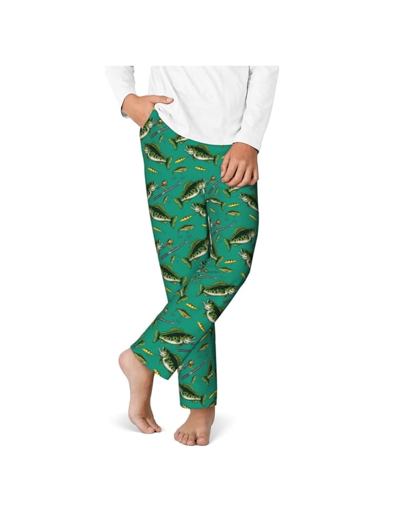Bass Fish Print Youth Home Trousers, Elastic Waistband with Pockets for Home and Outing, Suitable for Children Aged 5-16-Small