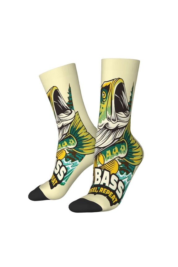 Bass Fish and Water Print Contrast Color Mid-calf Socks, Sweat-wicking Athletic Socks, Unisex Clothing Accessories