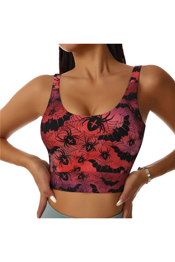 Bats And Spiders Print Women's Sports Vest, Low-neck U-shaped Removable Pad Sports Bra for Yoga, Exercise, Dance-XX-Large